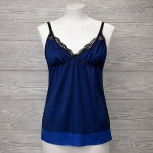 Y2K Blue Babydoll Top Lace Trim Cami Womens S Navy Lingerie Mesh Dark Coquette